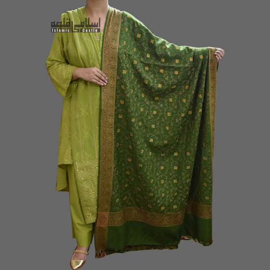 WOMEN SHAWL ACRO GREEN GOLDEN PATCHES EMBROIDERED FOUR CORNERS