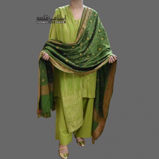 WOMEN SHAWL ACRO GREEN GOLDEN PATCHES EMBROIDERED FOUR CORNERS