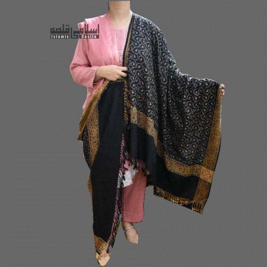 WOMEN SHAWL BLACK AND GOLDEN SELF EMBROIDERY