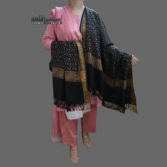 WOMEN SHAWL BLACK AND GOLDEN SELF EMBROIDERY