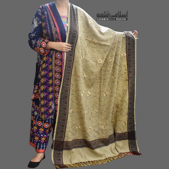 WOMEN SHAWL KHAKI COLOR ACRO AND EMBROIDERED CORNERS