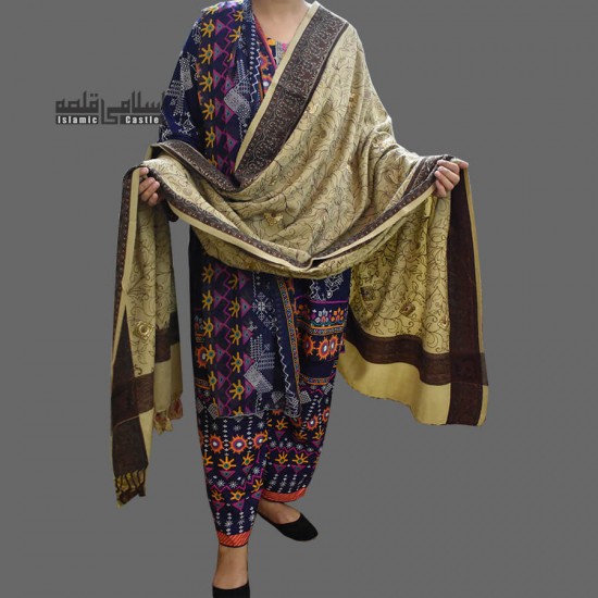 WOMEN SHAWL KHAKI COLOR ACRO AND EMBROIDERED CORNERS