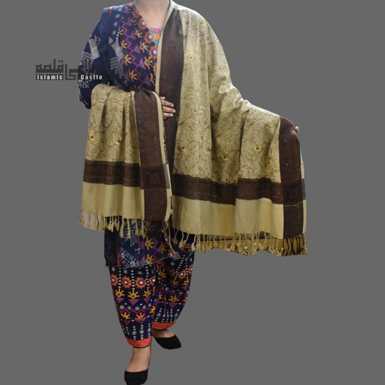 WOMEN SHAWL KHAKI COLOR ACRO AND EMBROIDERED CORNERS