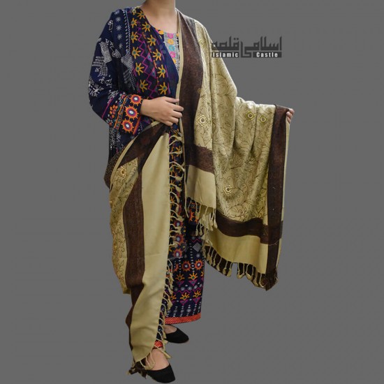 WOMEN SHAWL KHAKI COLOR ACRO AND EMBROIDERED CORNERS