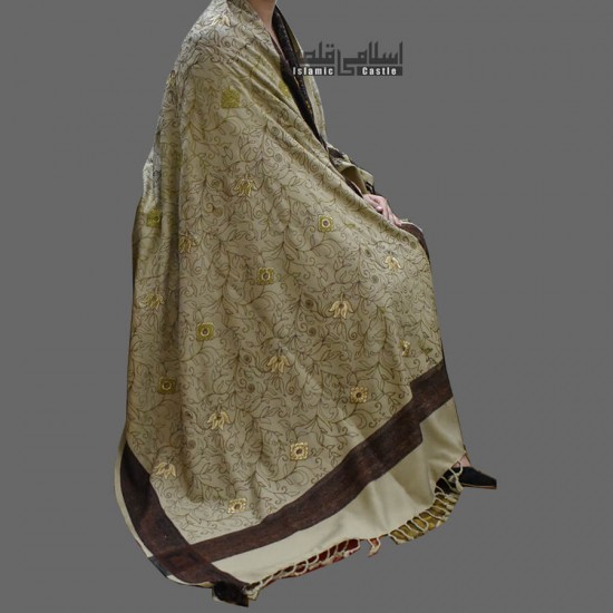 WOMEN SHAWL KHAKI COLOR ACRO AND EMBROIDERED CORNERS