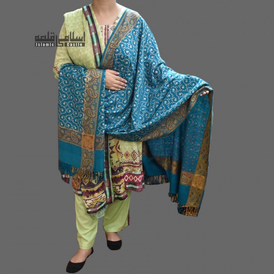 WOMEN SHAWL TURQUOISE BLUE ACRO WOOLEN ALL BORDERS EMBROIDERY