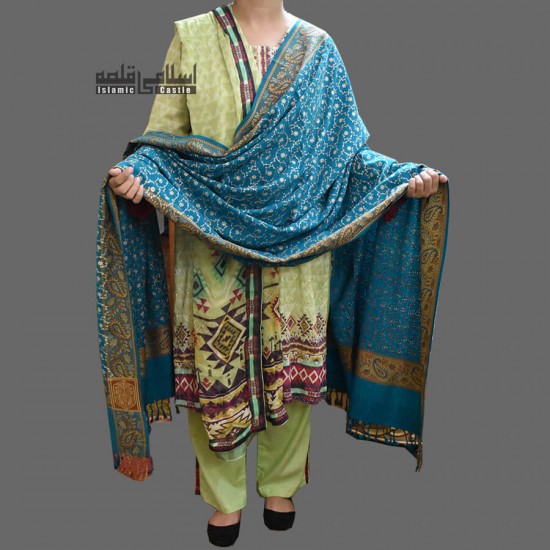 WOMEN SHAWL TURQUOISE BLUE ACRO WOOLEN ALL BORDERS EMBROIDERY