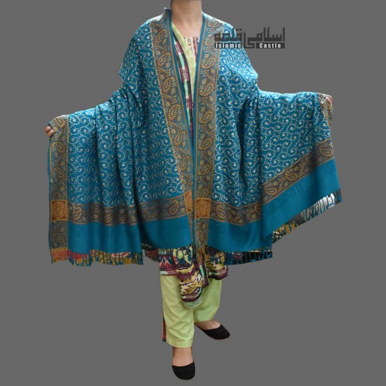 WOMEN SHAWL TURQUOISE BLUE ACRO WOOLEN ALL BORDERS EMBROIDERY