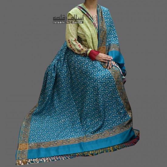 WOMEN SHAWL TURQUOISE BLUE ACRO WOOLEN ALL BORDERS EMBROIDERY